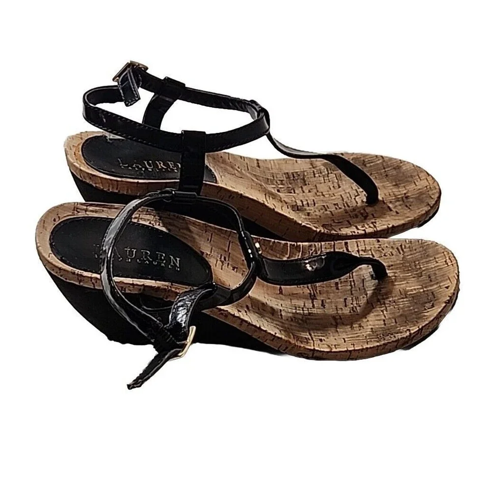 Lauren Ralph Lauren LRL Leather T strap Thong Wedge Rosalia Sandals Womens‎ 8 B